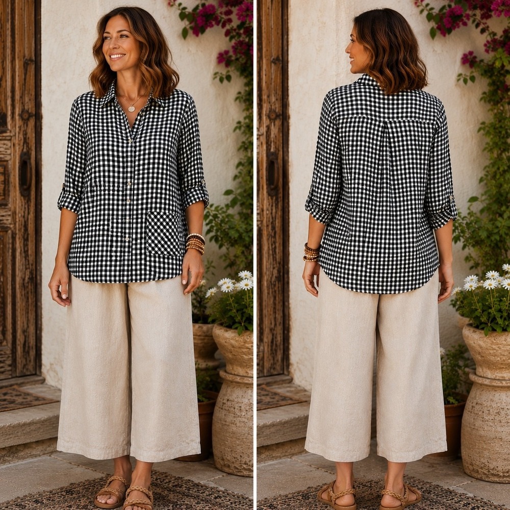 J. Jill Gingham Tunic Shirt Large Black White Check Button Up Soft Rayon Blouse